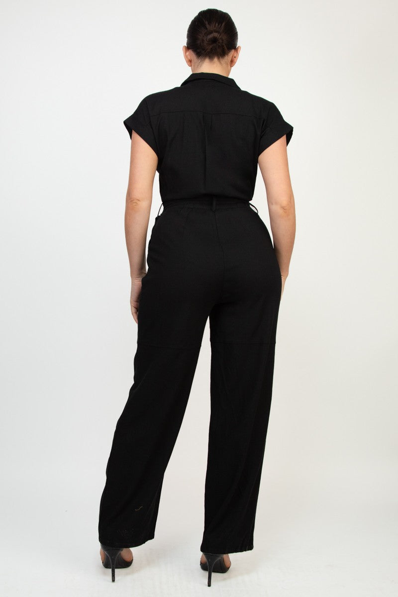 Belted Button-Down Linen Jumpsuit