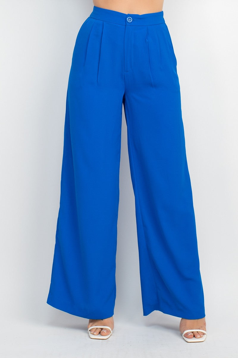 High-Rise Pleated Buttoned Palazzo Pants