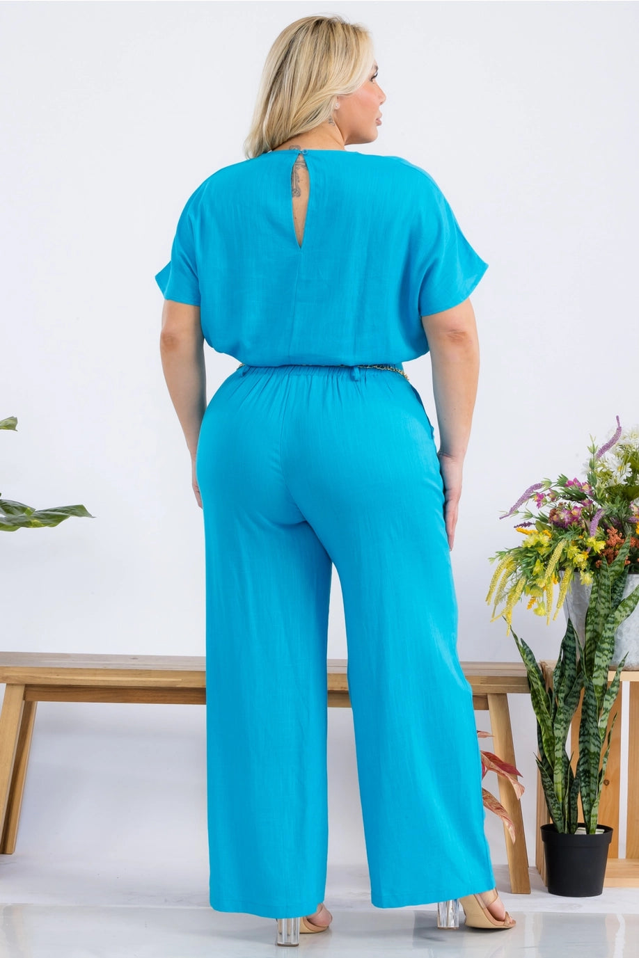 Plus Size Women Solid Linen Set