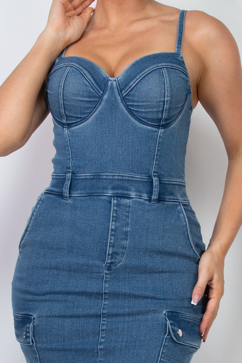 Denim Sweetheart Cinched Cargo Dress