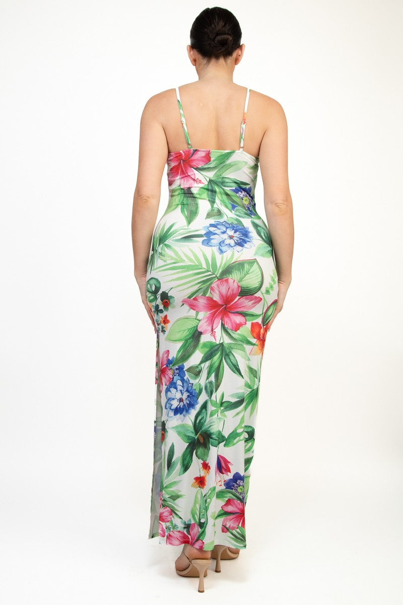 Tropical Print Side Slit Maxi Dress