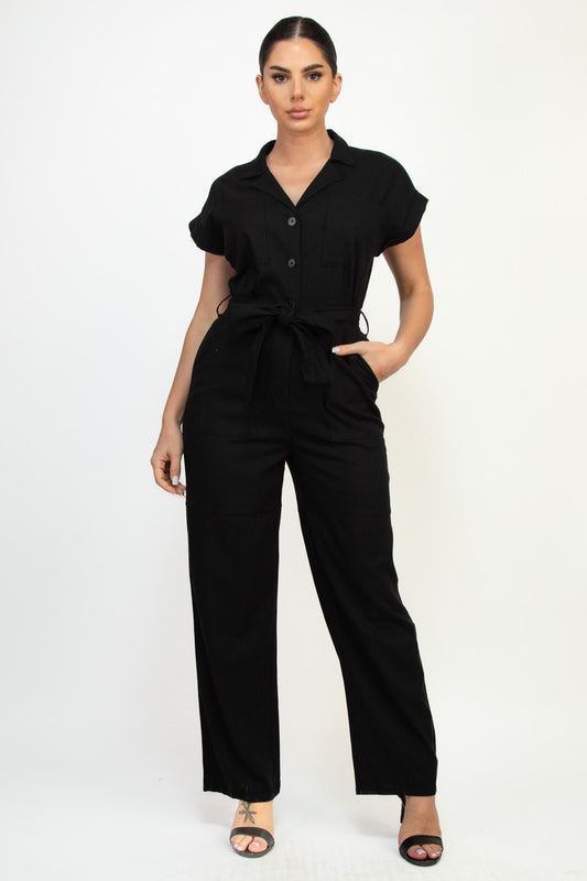 Belted Button-Down Linen Jumpsuit
