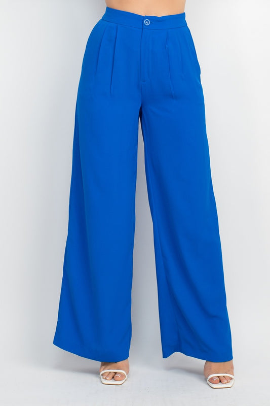 High-Rise Pleated Buttoned Palazzo Pants
