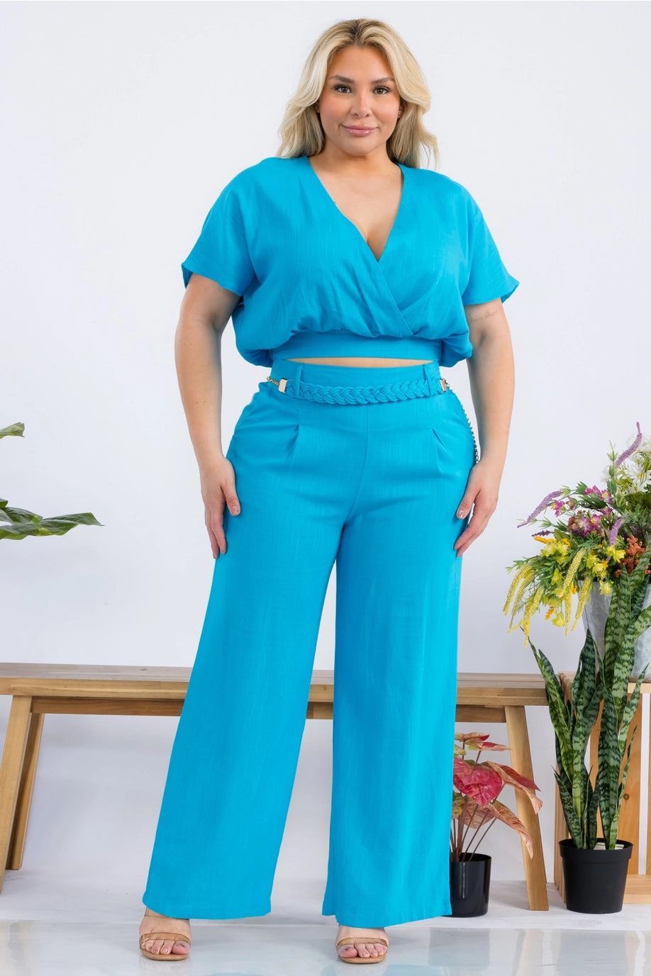 Plus Size Women Solid Linen Set