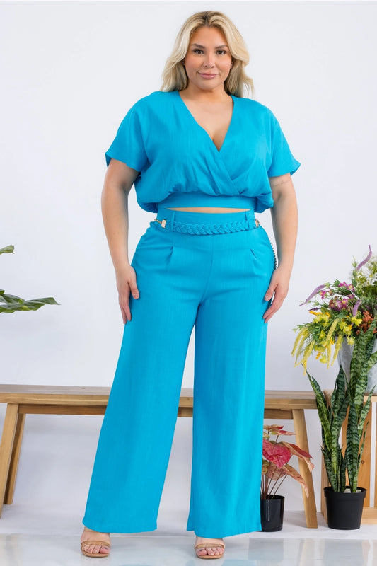 Plus Size Women Solid Linen Set