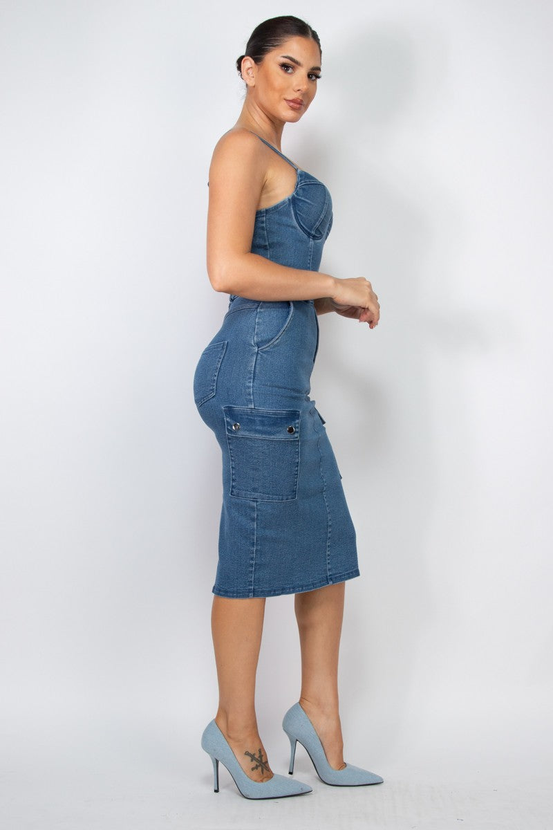 Denim Sweetheart Cinched Cargo Dress