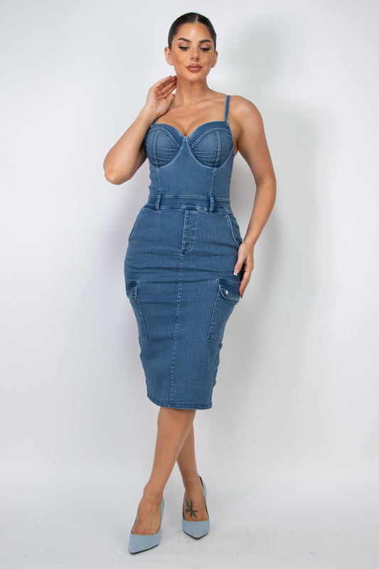 Denim Sweetheart Cinched Cargo Dress