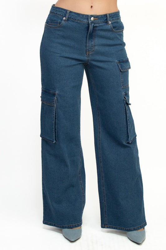 Mid-Rise Cargo Denim Pants
