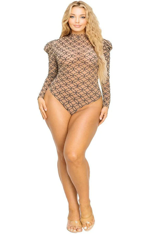 Mesh Glitter Puff Sleeve Bodysuit