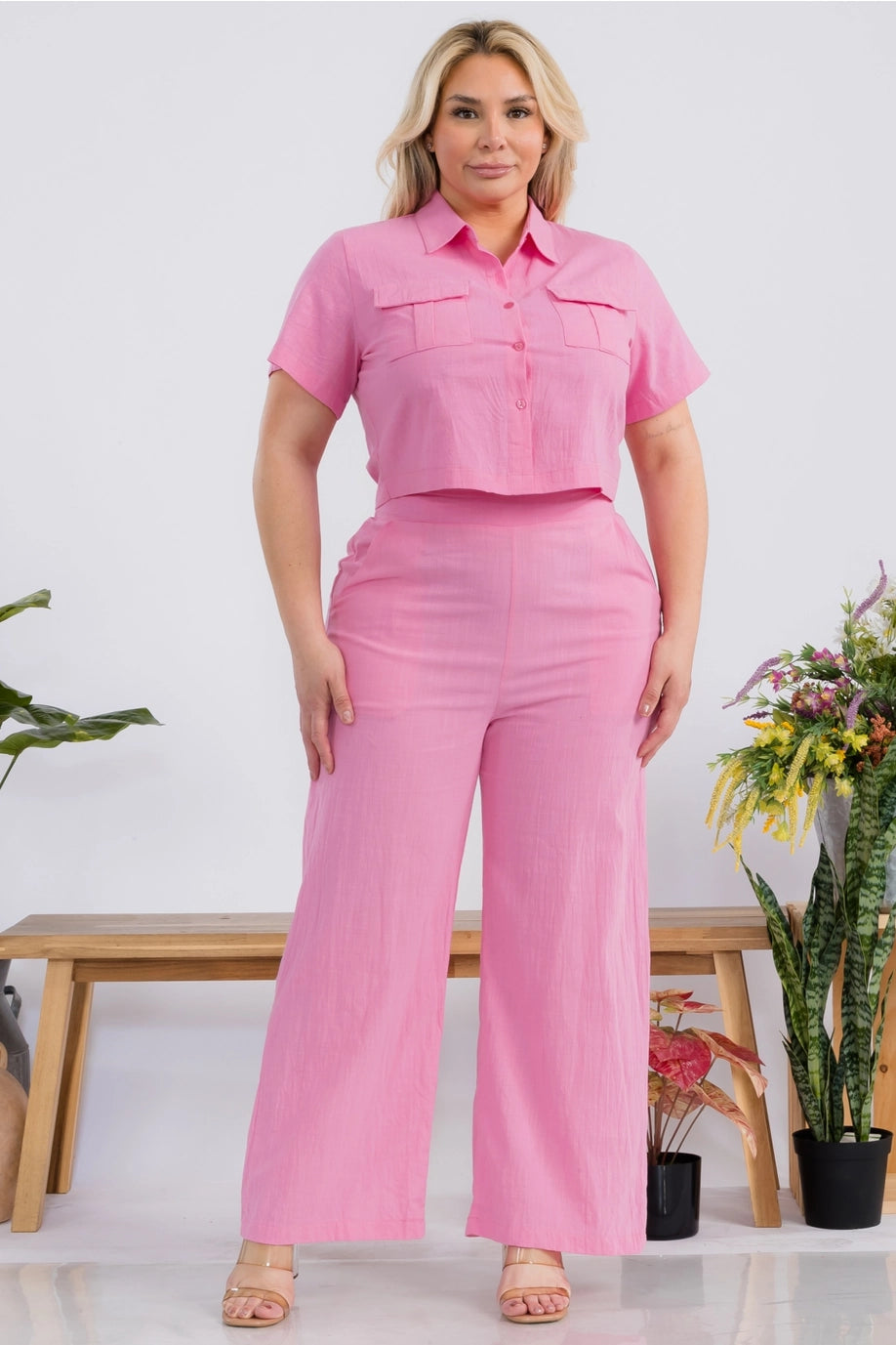 Plus Size Women Solid Linen Set